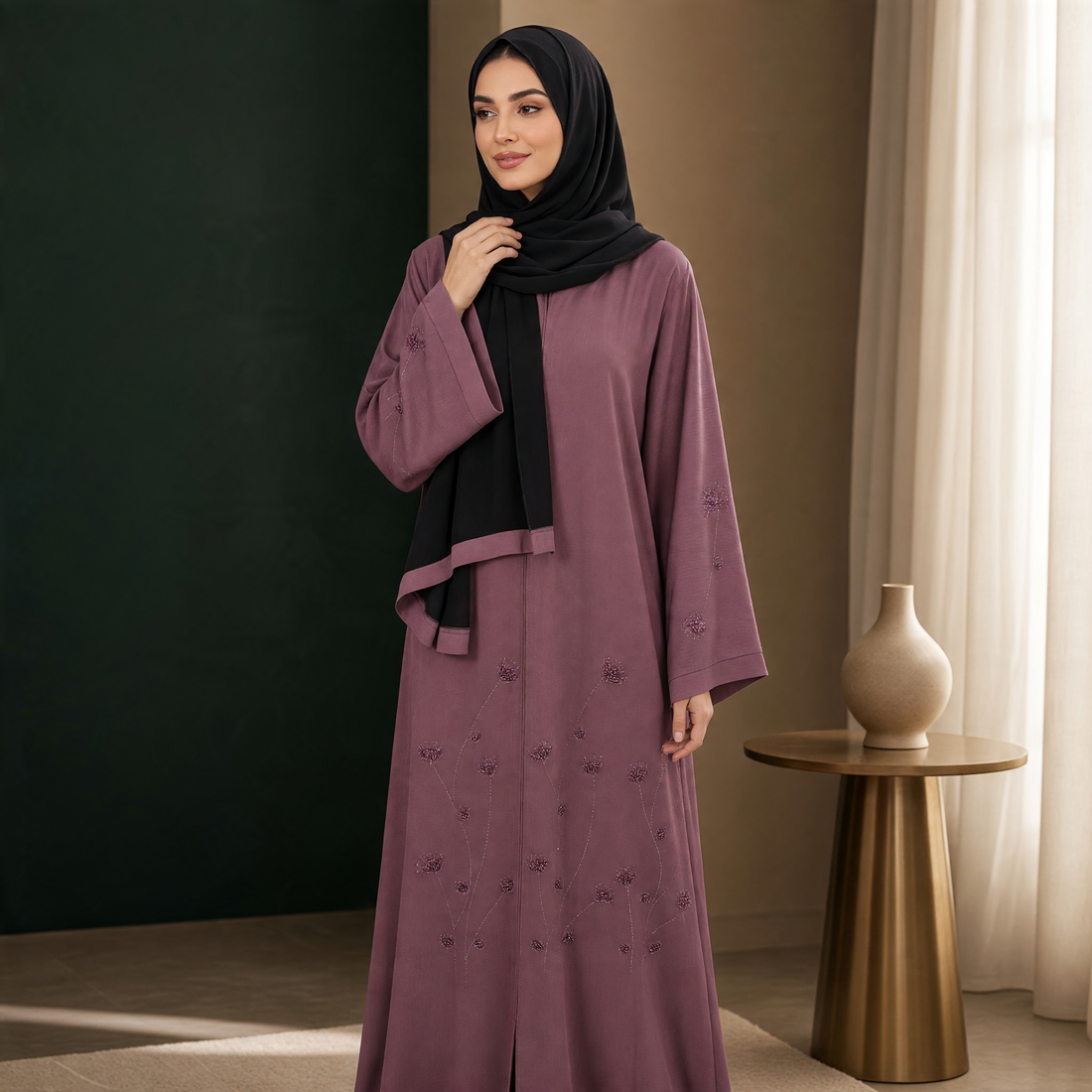 Dusty mauve beaded floral abaya with black hijab worn, full length